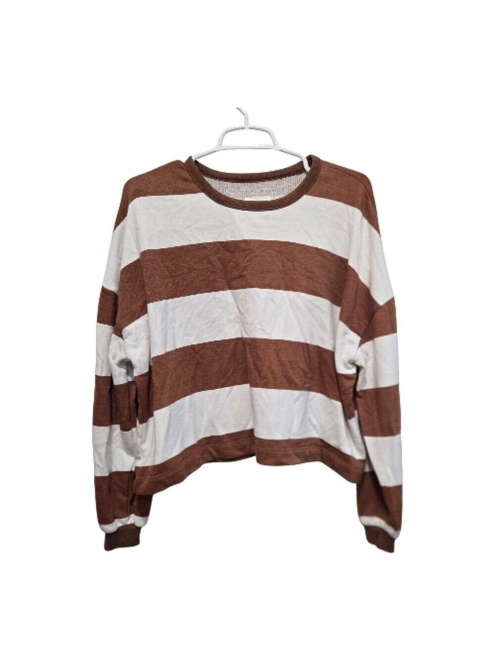 Lou & Grey Striped Cropped Sweatshirt Brown White Cozy Small